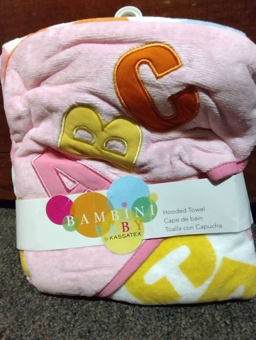 Bambini Baby Kassatex Hooded Towel - Pink with Yellow & Orange Letters 30" X 30